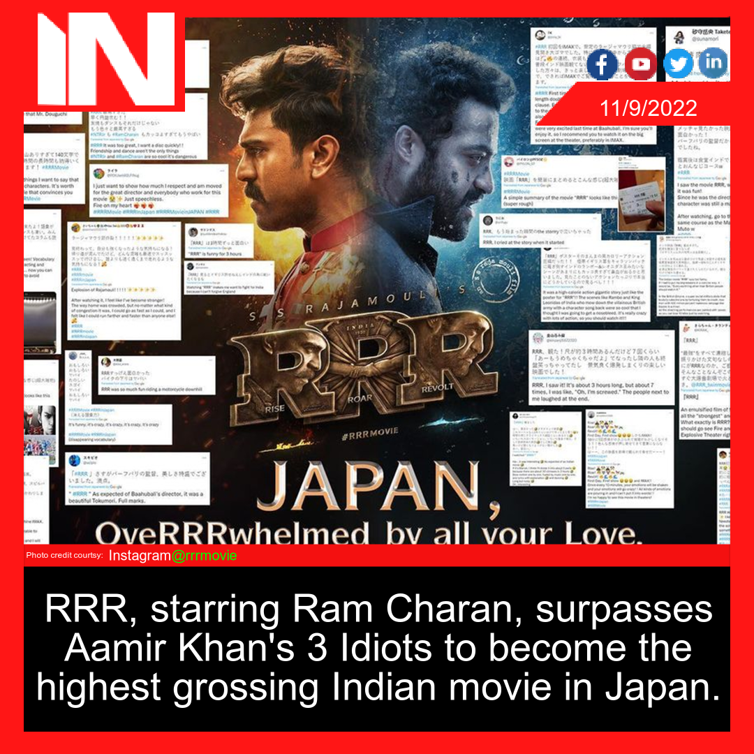 RRR, starring Ram Charan, surpasses Aamir Khan’s 3 Idiots to become the highest grossing Indian movie in Japan.