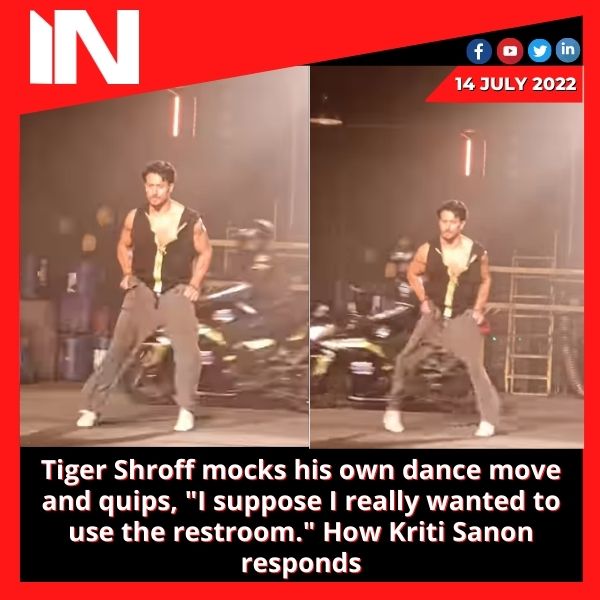 Tiger Shroff mocks his own dance move and quips, “I suppose I really wanted to use the restroom.” How Kriti Sanon responds