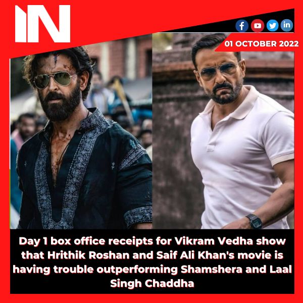 Day 1 box office receipts for Vikram Vedha show that Hrithik Roshan and Saif Ali Khan’s movie is having trouble outperforming Shamshera and Laal Singh Chaddha.
