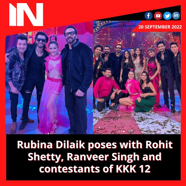 Rubina Dilaik poses with Rohit Shetty, Ranveer Singh and contestants of KKK 12