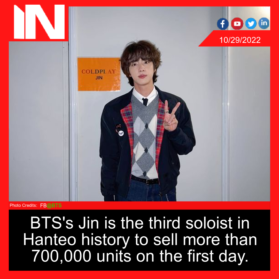 BTS’s Jin is the third soloist in Hanteo history to sell more than 700,000 units on the first day.