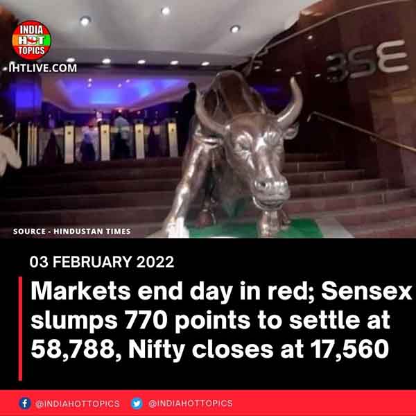 Markets end day in red; Sensex slumps 770 points to settle at 58,788, Nifty closes at 17,560